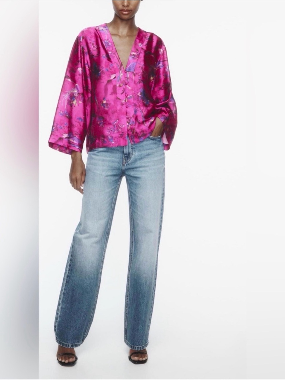 Zara Pink Satin Floral V-Neck Blouse